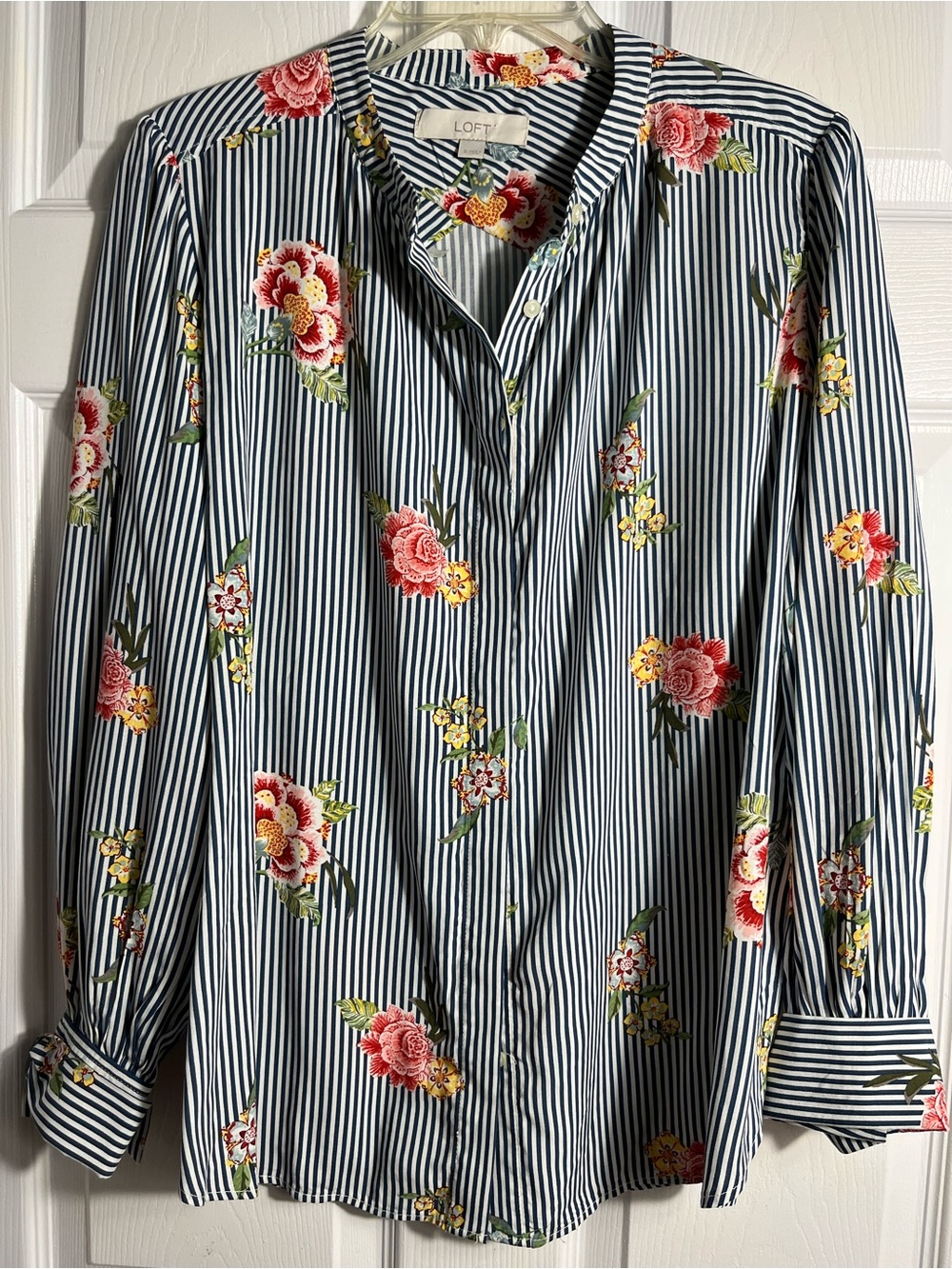LOFT Navy & White Striped Button-Up with Pink and Yellow Floral Print S